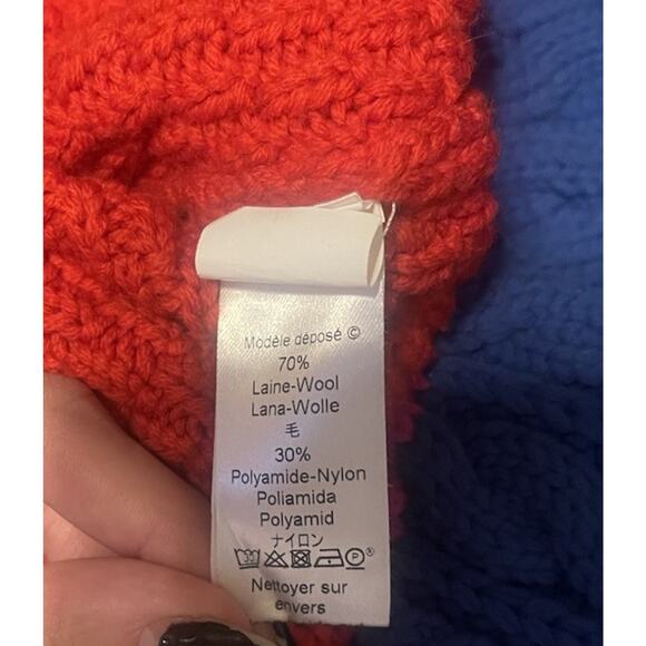 Vtg Kenzo Unisex M Colorblock Blue PinkRed Cable Knit Wool Pullover Sweater VGUC - Picture 4 of 4